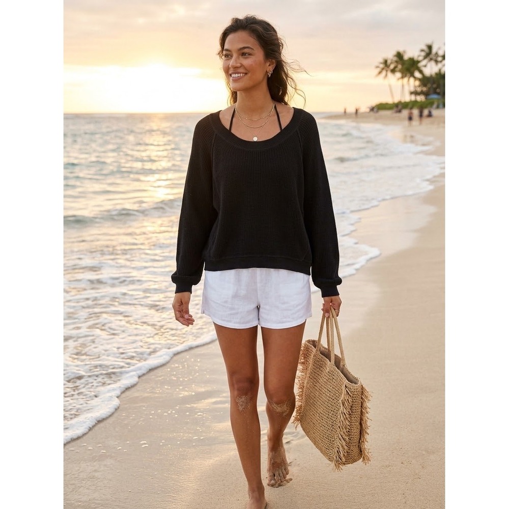 Free People Beach Womens Black Cotton Linen Blend Knit Raglan Sweater Medium